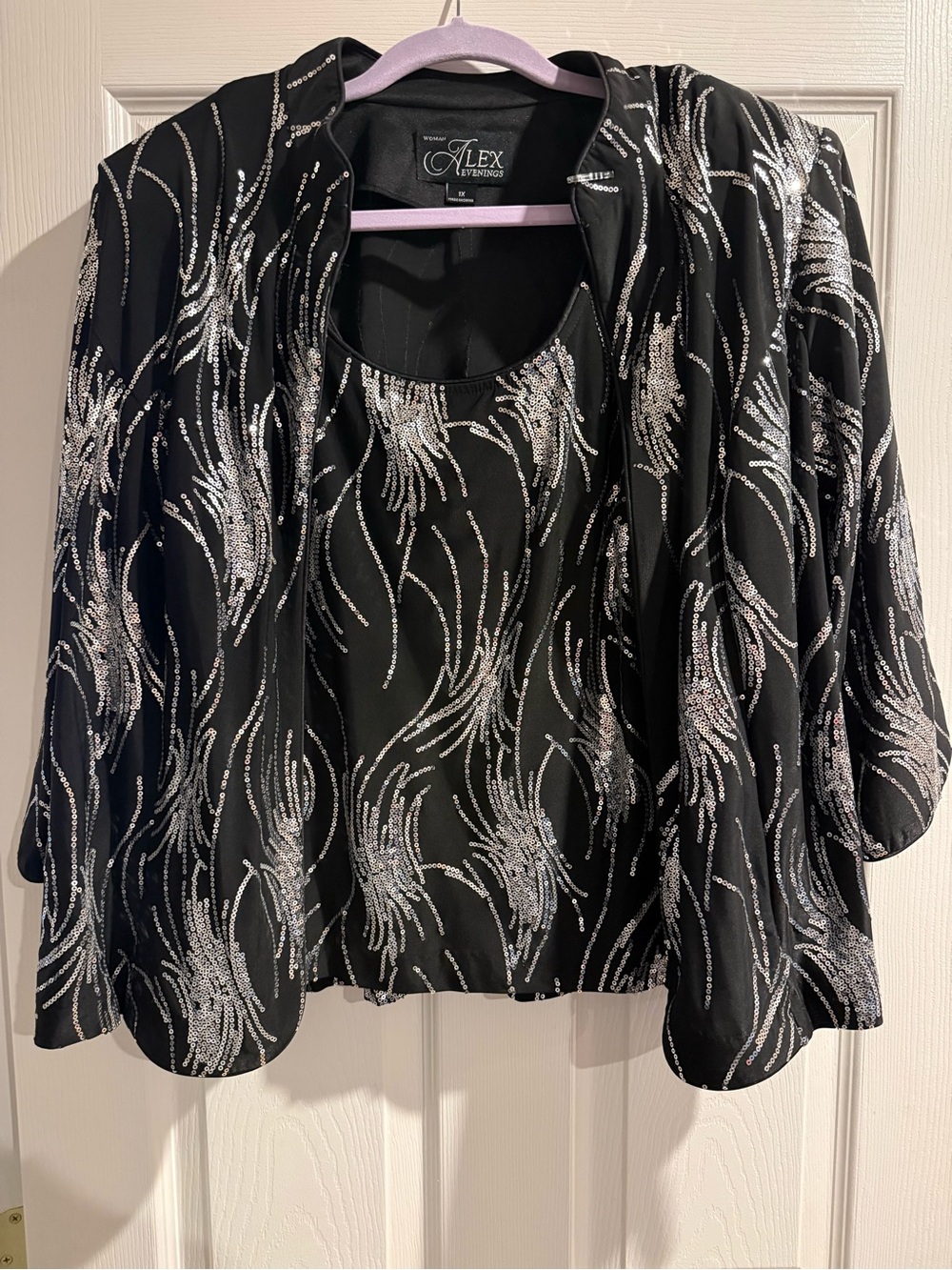 Alex Evenings Black Jacket and Shell with Silver Sequin Swirl Accents